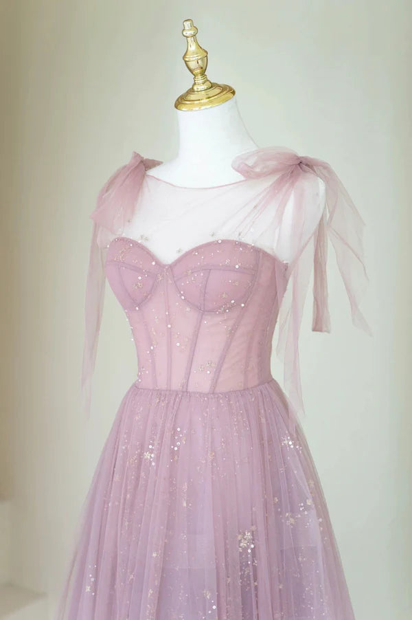 Wholesale Scoop Neckline Tulle Pink Long Prom Dress Cute A-Line Evening Party Dress